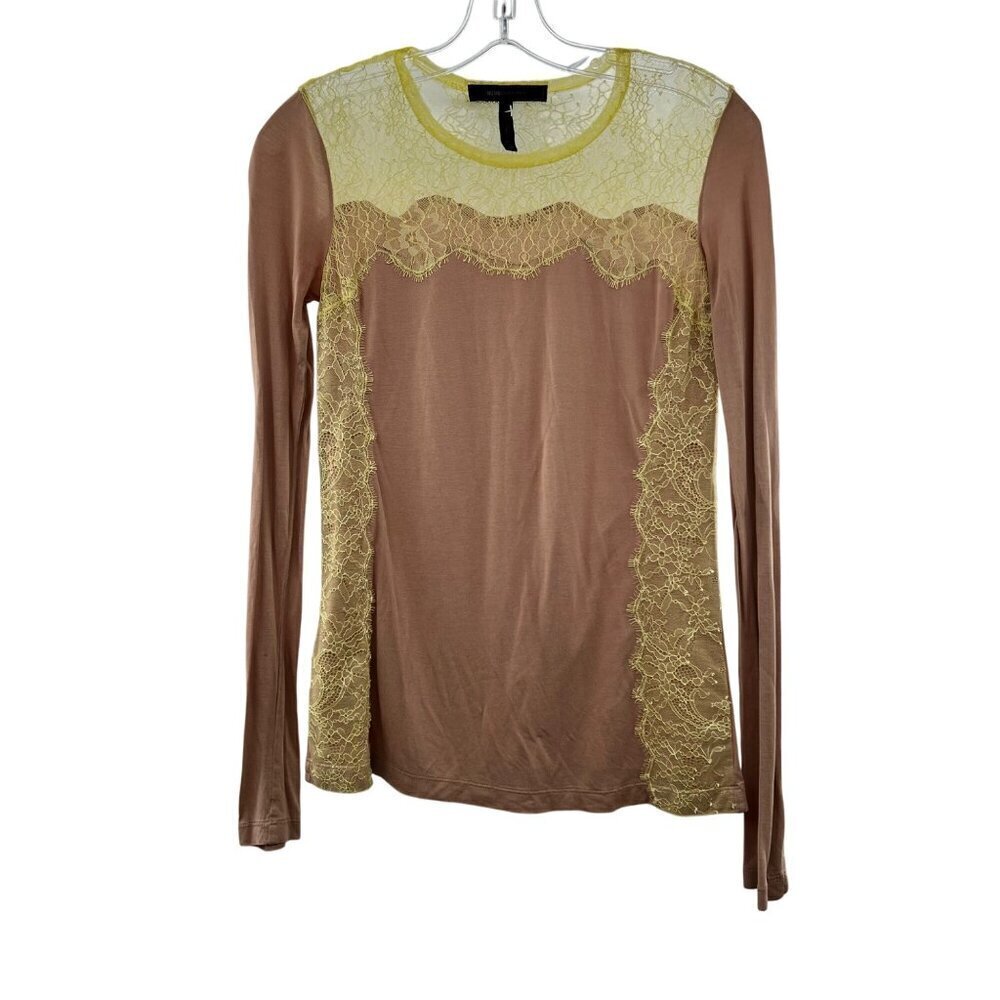 BCBGMaxazria Top Women's Size XXS Tan/Yellow Lace Long Sleeve Lightweight